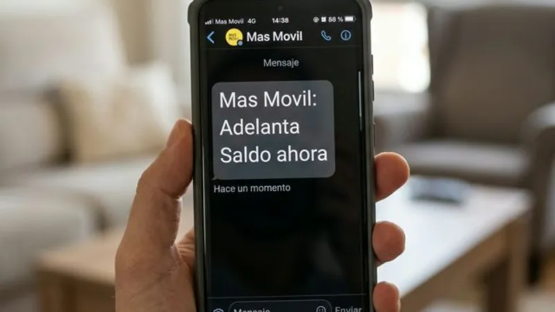 Teléfono móvil mostrando mensaje SMS de adelanto de saldo prepago Más Móvil en Panamá