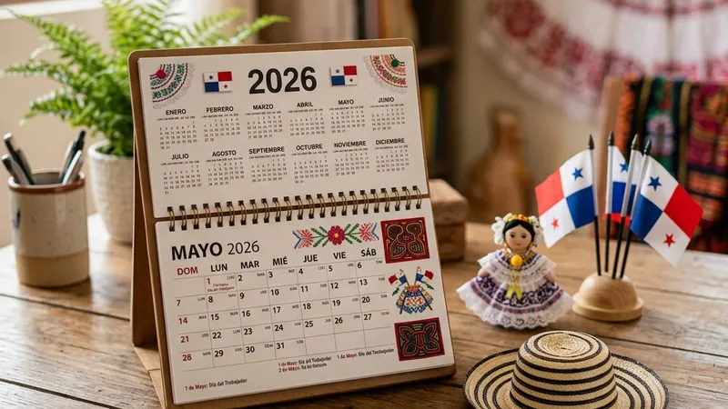 Calendario decorado con la bandera de Panamá y elementos típicos mostrando las festividades del 2026