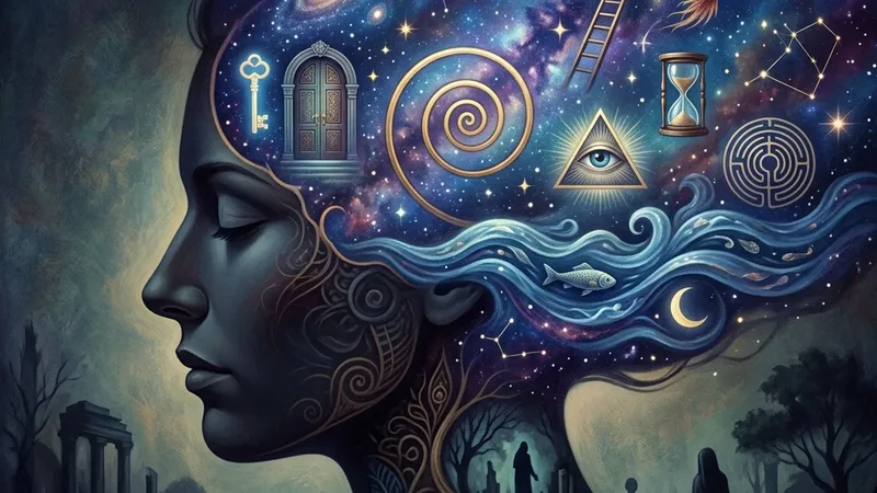 Silueta de una cabeza humana donde el cerebro se abre hacia un universo de estrellas y símbolos representando la interpretación de los sueños
