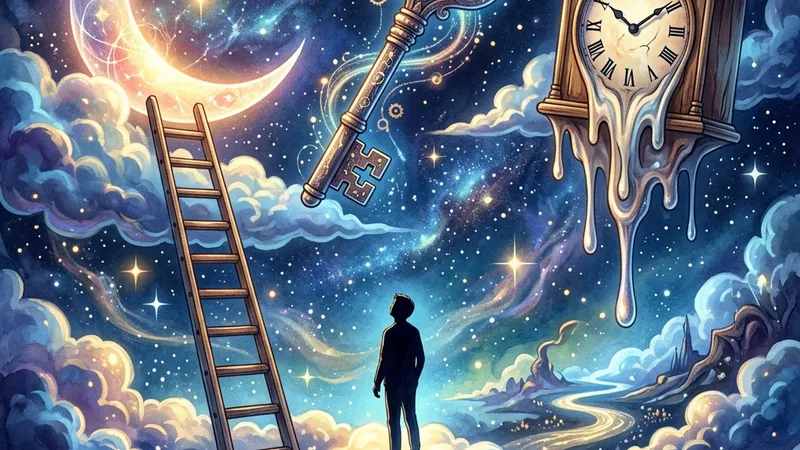 Ilustración surrealista con luna, nubes, relojes y una escalera hacia el cielo representando el significado de los sueños